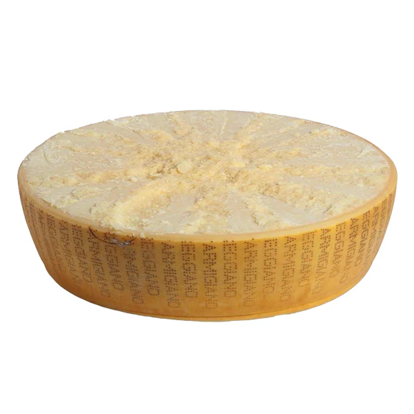 Half-cut Parmesan cheese wheel with crystalline texture for pasta and fondues.